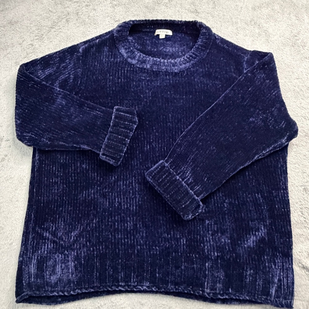 Orvis Womens XL Navy Blue Chenille Knit Crewneck Sweater Long Sleeve Pullover